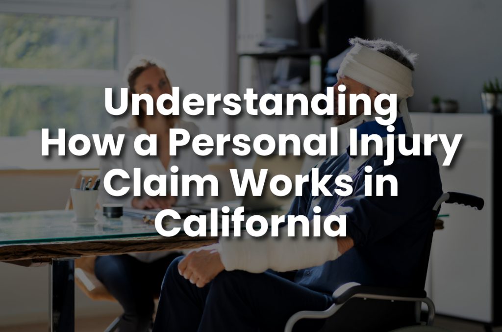 A person with head and arm bandages sits in a wheelchair across from a professional in an office. Text overlay: "Understanding How a Personal Injury Claim Works in California." Bright, focused setting.