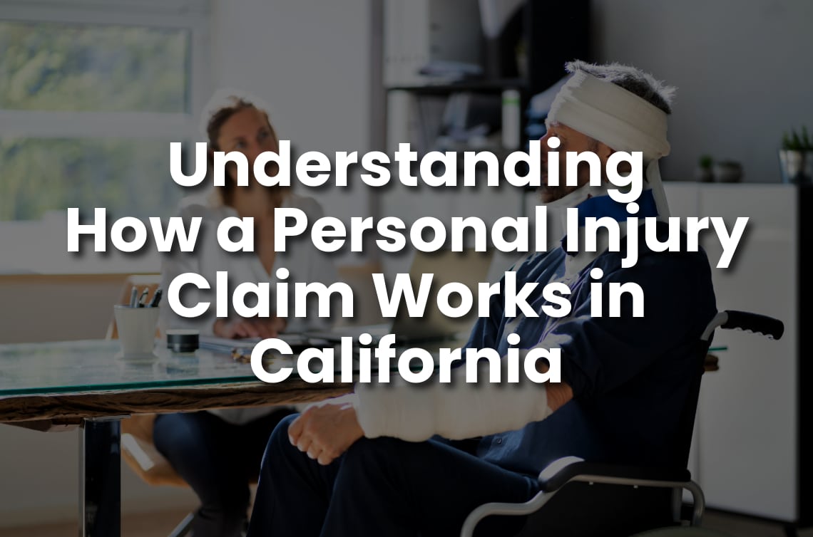 A person with head and arm bandages sits in a wheelchair across from a professional in an office. Text overlay: "Understanding How a Personal Injury Claim Works in California." Bright, focused setting.