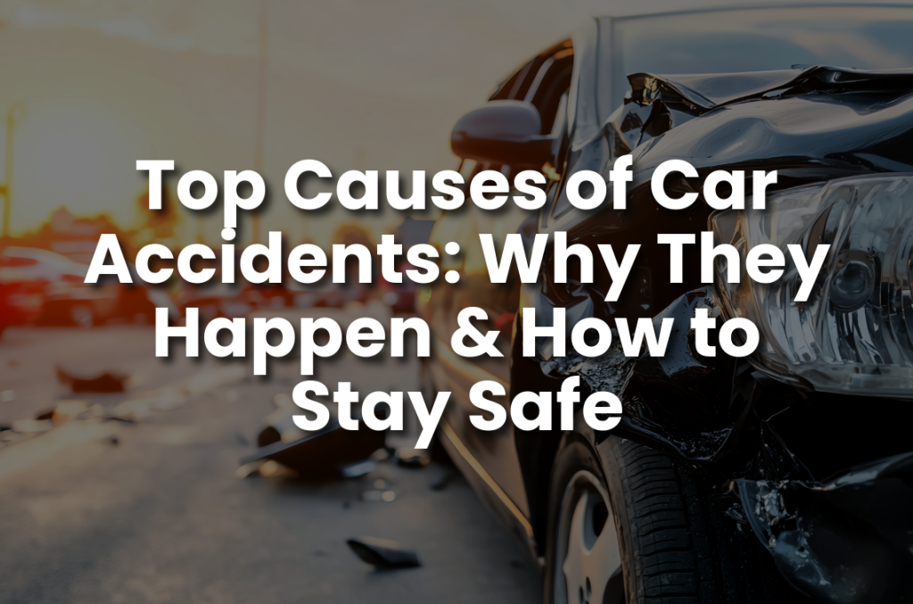 A close-up of a damaged car after an accident, with text overlay discussing causes of car accidents and safety tips.
