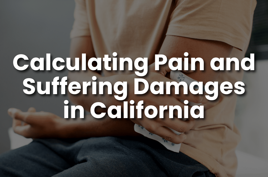 Person holding a bandaged, painful arm, representing pain and suffering damages in a California personal injury case.