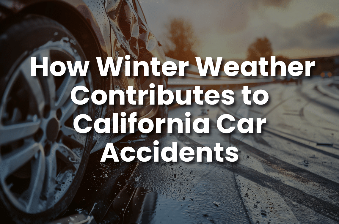 A close-up of a car wheel on a wet road, with a blurred sunset in the background. Text overlays: "How Winter Weather Contributes to California Car Accidents."