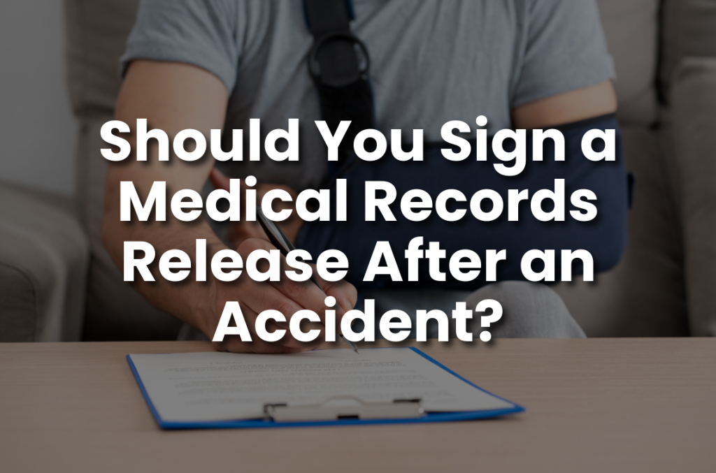 Injured person with an arm sling signing paperwork, used as a header image for a blog about medical records releases after an accident.