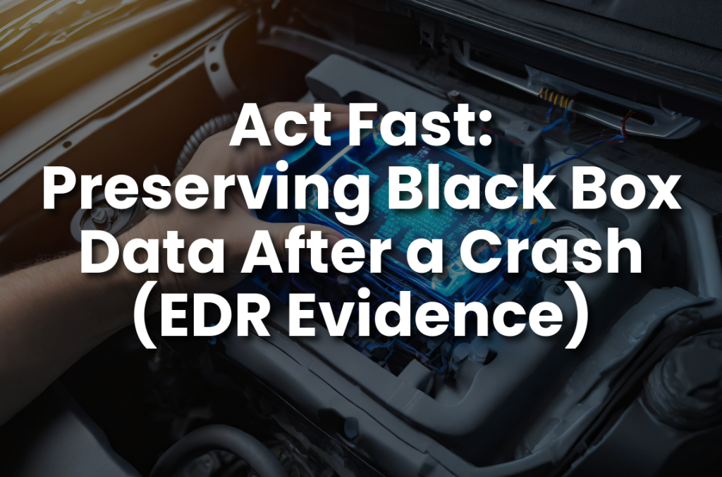 Close-up of a vehicle’s engine compartment with a technician accessing a car’s electronic data recorder (EDR) system, overlaid with the text “Act Fast: Preserving Black Box Data After a Crash (EDR Evidence).”