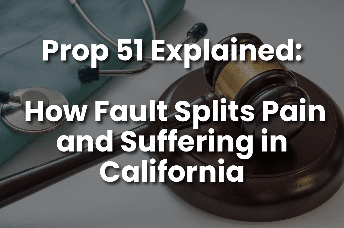 Blog banner featuring a judge’s gavel and stethoscope with the text “Prop 51 Explained: How Fault Splits Pain and Suffering in California.”