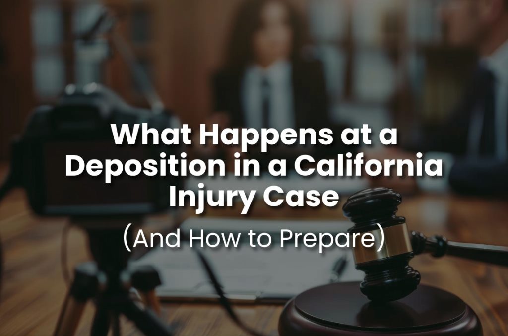 A courtroom scene featuring a judge’s gavel on a wooden desk, a blurred legal professional in the background, and documents on the table. White text reads, “What Happens at a Deposition in a California Injury Case (And How to Prepare).”